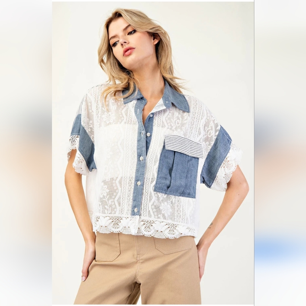 Blue & White Lace Panel Button-Up Shirt - Women - Picture 5 of 8
